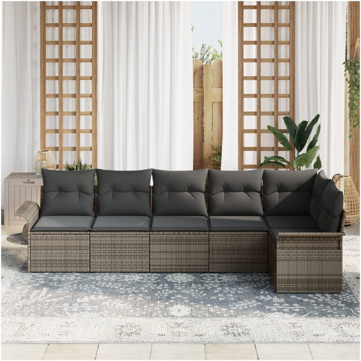 6-delars trädgårdssoffset med kuddar - Grå polyrotting vidaXL 297,5 x 132,5 x 85 cm – bild 3