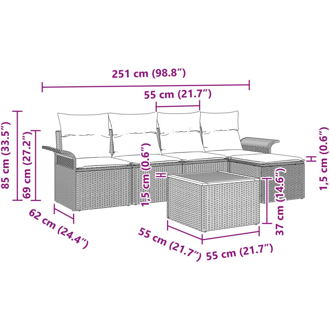6 Delars Trädgårdssoffset med Kuddar Grå Rattan Akacia vidaXL 55 x 55 x 37 cm – bild 9