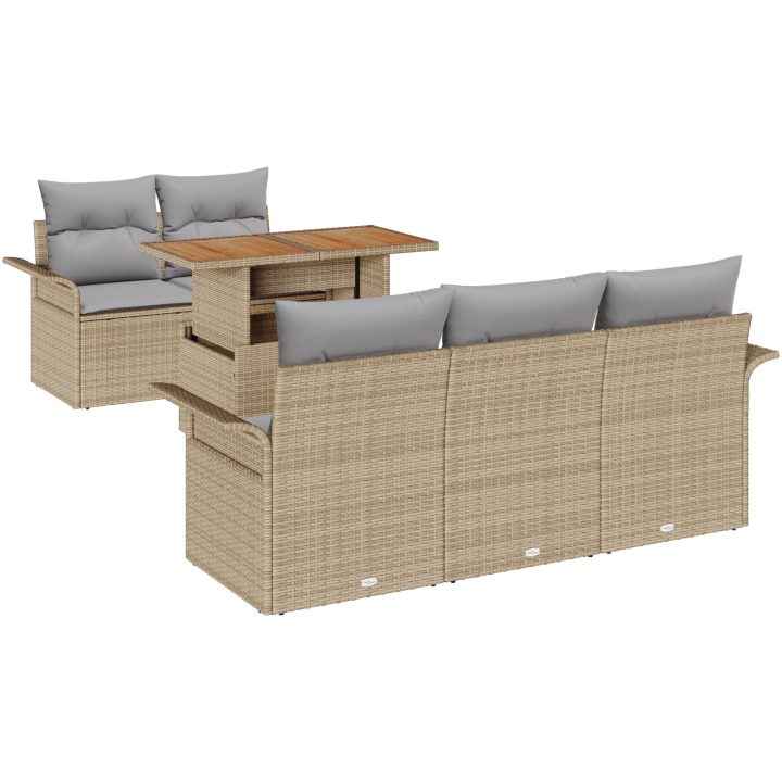 6-delars trädgårdssoffset med kuddar i beige poly rattan och akacia vidaXL 100 x 55 x 73 cm – bild 2
