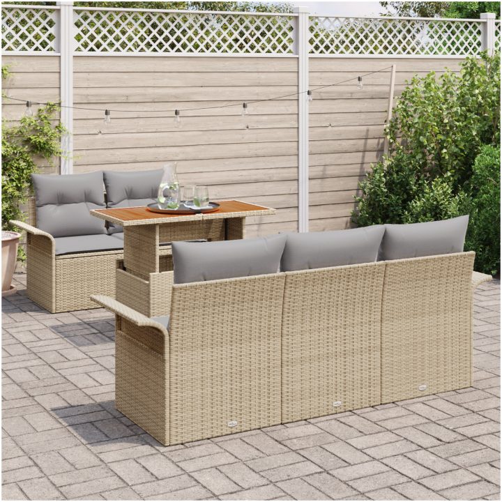 6-delars trädgårdssoffset med kuddar i beige poly rattan och akacia vidaXL 100 x 55 x 73 cm – bild 3