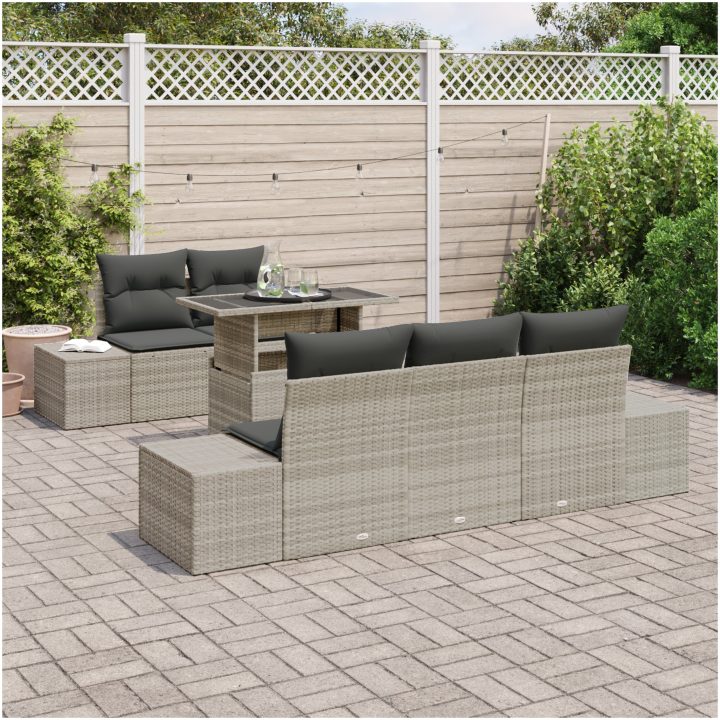 6-delars trädgårdssoffset med kuddar, ljusgrå poly-rattan vidaXL 100 x 55 x 73 cm – bild 3