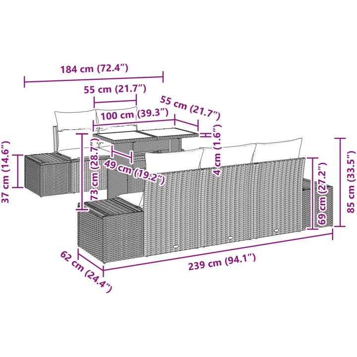 6-delars trädgårdssoffset med kuddar, ljusgrå poly-rattan vidaXL 100 x 55 x 73 cm – bild 10
