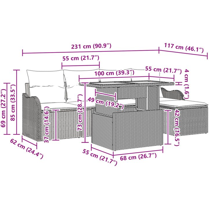 6-delars trädgårdssoffset med kuddar svart poly rattan akacia vidaXL Stor – bild 11