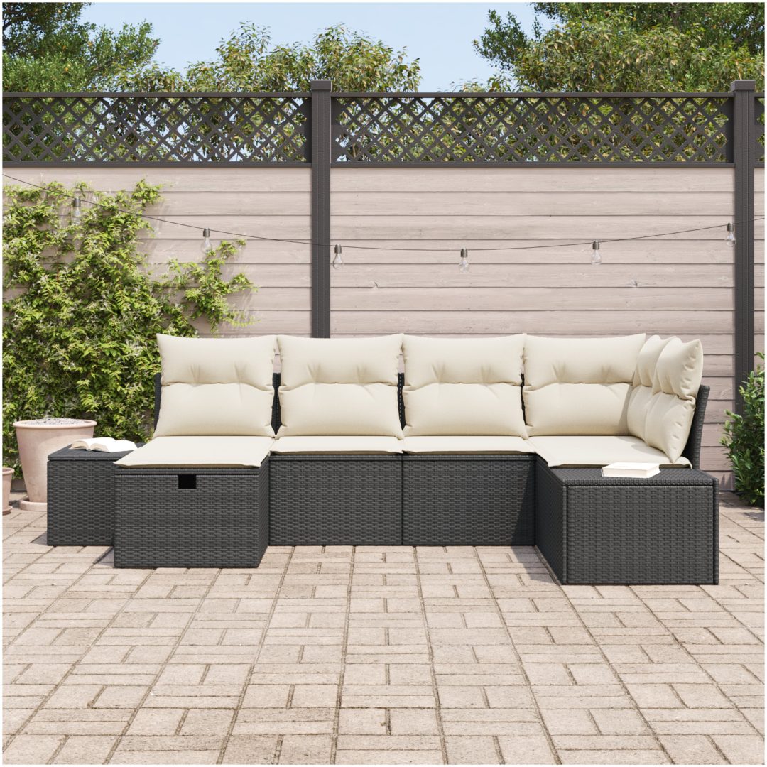 6-delars Trädgårdssoffset med kuddar Svart Poly Rattan vidaXL 55 x 62 x 69 cm – bild 3