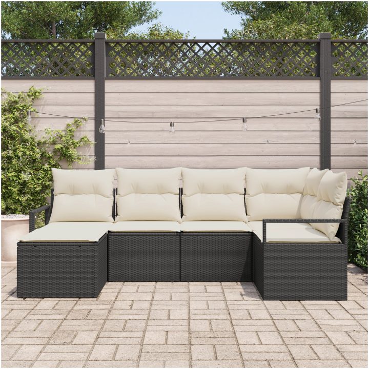 6-delars trädgårdsssoffset med kuddar svart poly rattan vidaXL Stor – bild 3
