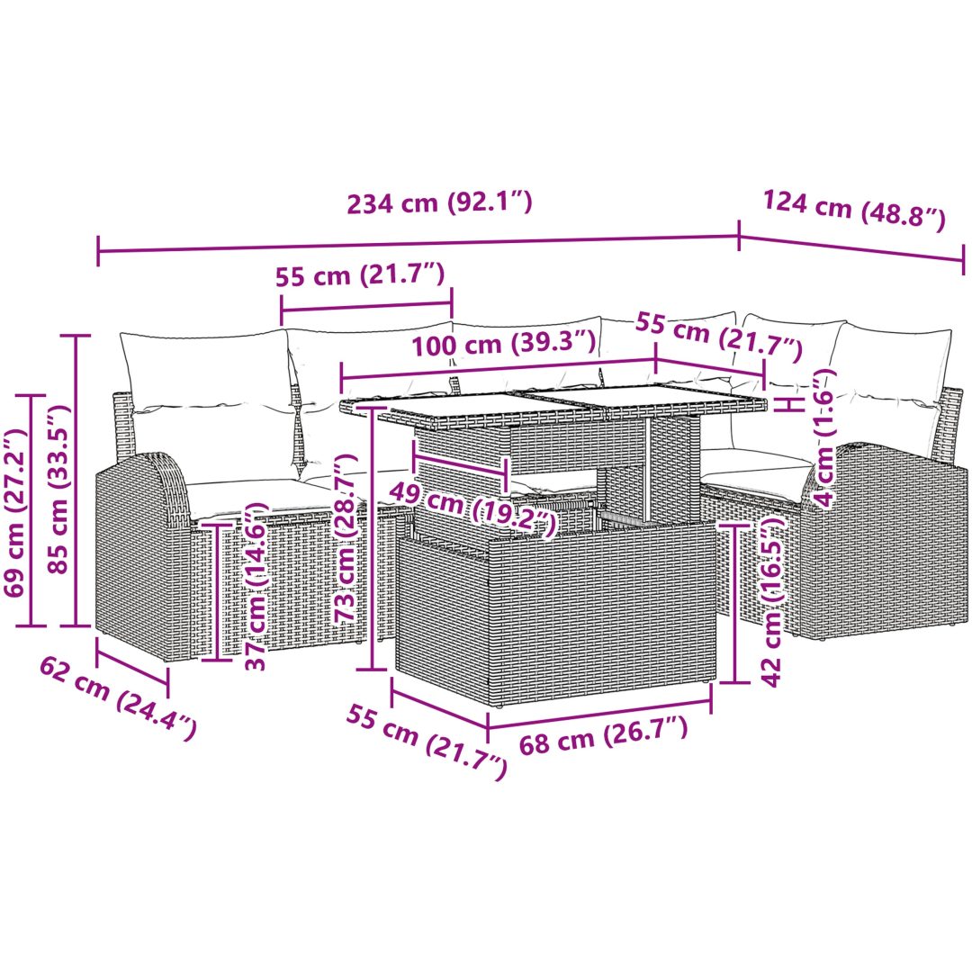 6-delars utegrupp med kuddar i brun poly rattan vidaXL 100 x 55 x 73 cm – bild 11