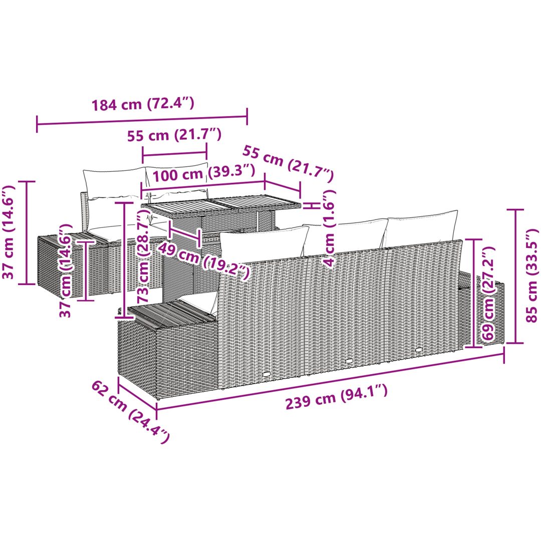 6-delars utemöbelset med kuddar, grå polyrotting och akacia vidaXL 100 x 55 x 73 cm – bild 10