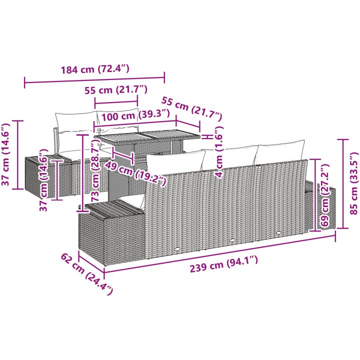 6-delars utemöbelset med kuddar, grå polyrotting och akacia vidaXL 100 x 55 x 73 cm – bild 10