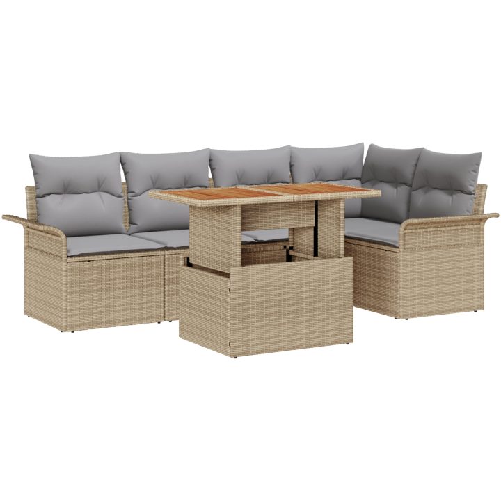 6-delars utemöbelset med kuddar i beige, poly rattan och akacia vidaXL 100 x 55 x 73 cm – bild 2