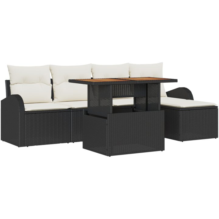 6-delat Trädgårdsdining set med kuddar Svart Poly Rottning Akacia vidaXL 100 x 55 x 73 cm – bild 2