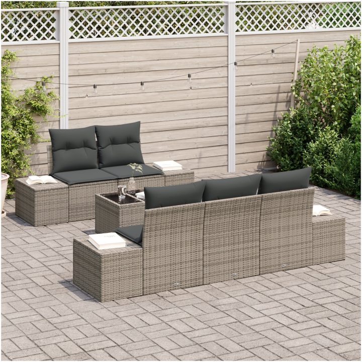 6-delat Trädgårdsmöbelset med Kuddar Grå Poly Rattan vidaXL 55 x 55 x 37 cm – bild 3