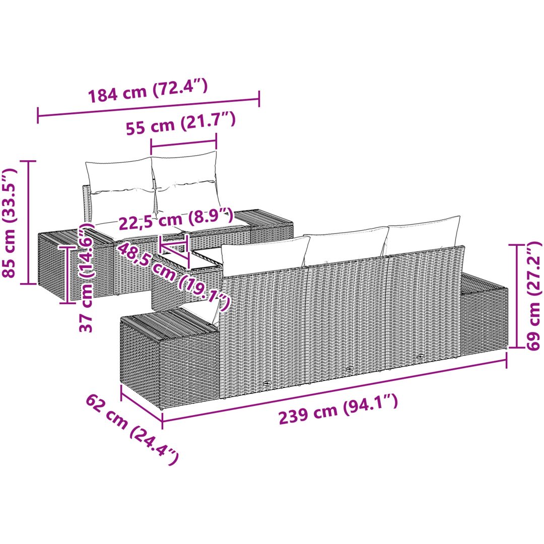 6-delat Trädgårdsmöbelset med Kuddar Grå Poly Rattan vidaXL 55 x 55 x 37 cm – bild 8