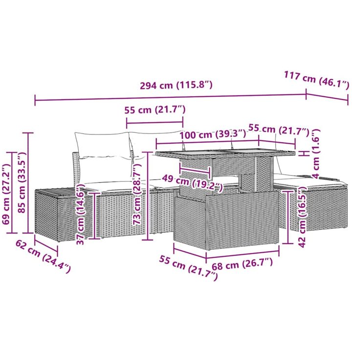 6-delat trädgårdsmöbelset med kuddar i svart polyrotting och akacia vidaXL 100 x 55 x 73 cm – bild 11