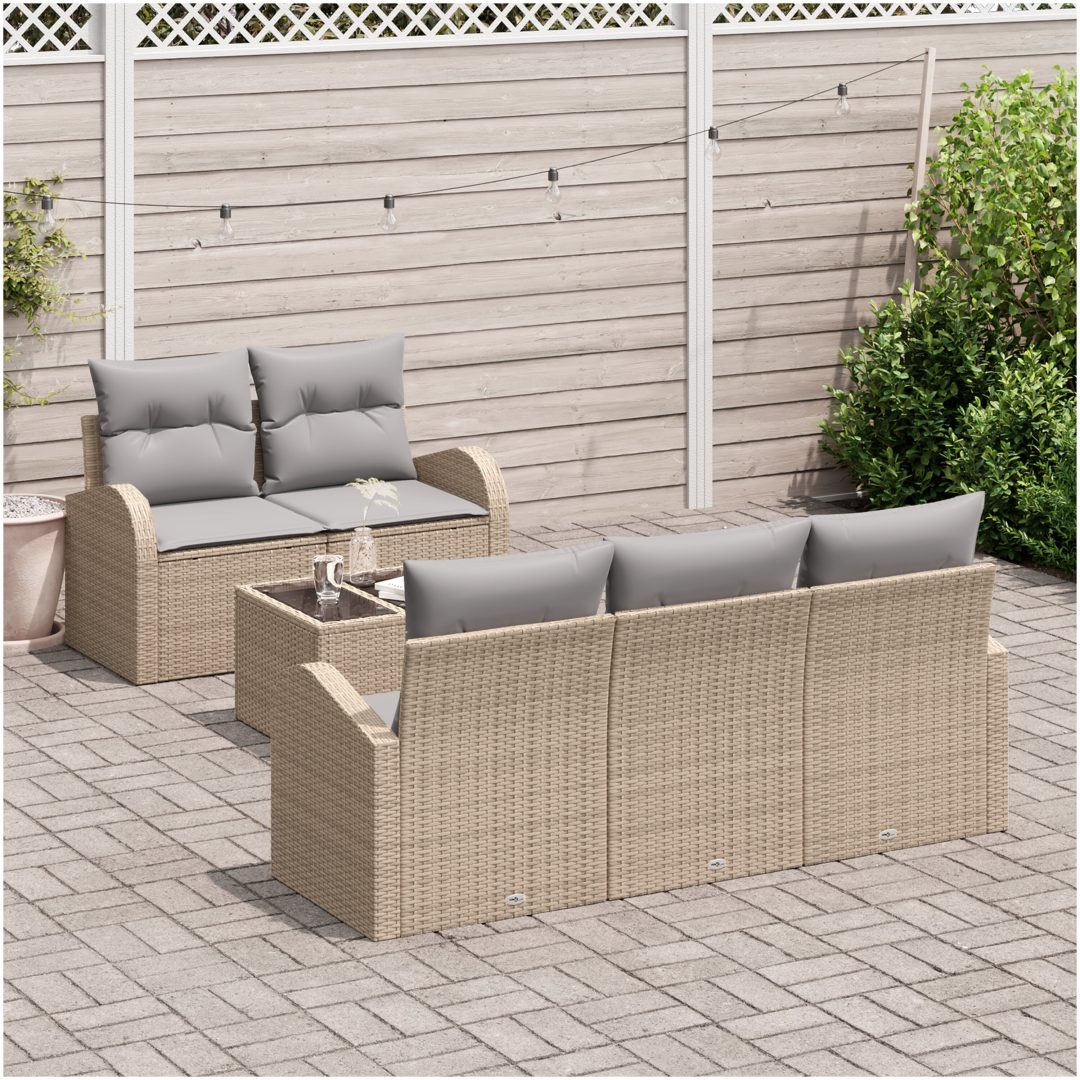 6-delat Trädgårdsofa Set med Dynor Beige Poly Rattan vidaXL Medium – bild 3