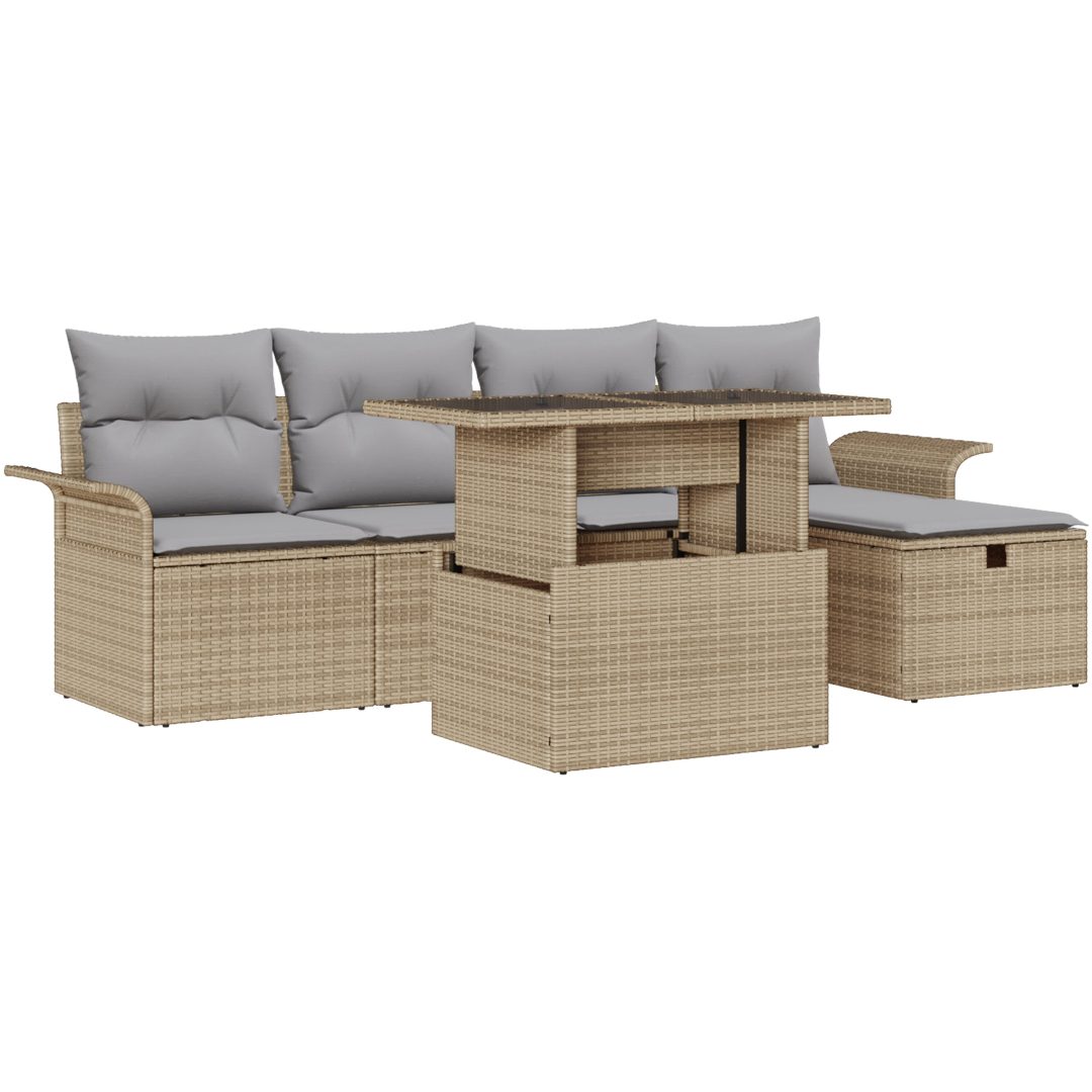 6-delat trädgårdsofa set med dynor beige polyrotting vidaXL Stor – bild 2
