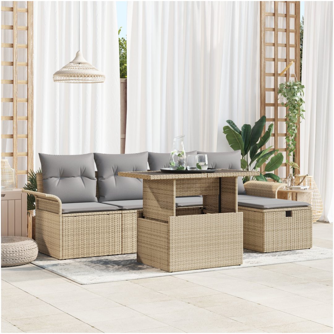 6-delat trädgårdsofa set med dynor beige polyrotting vidaXL Stor