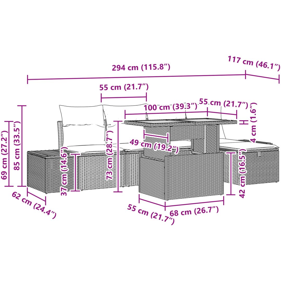 6-delat Trädgårdsofa Set med Kuddar Grå Poly Rottning vidaXL 55 x 55 x 37 cm – bild 12