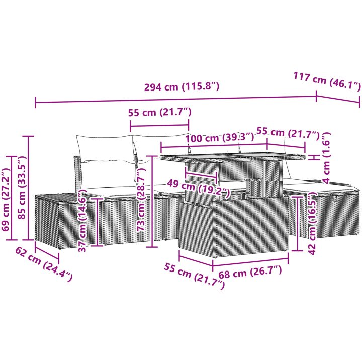 6-delat Trädgårdsofa Set med Kuddar Grå Poly Rottning vidaXL 55 x 55 x 37 cm – bild 12
