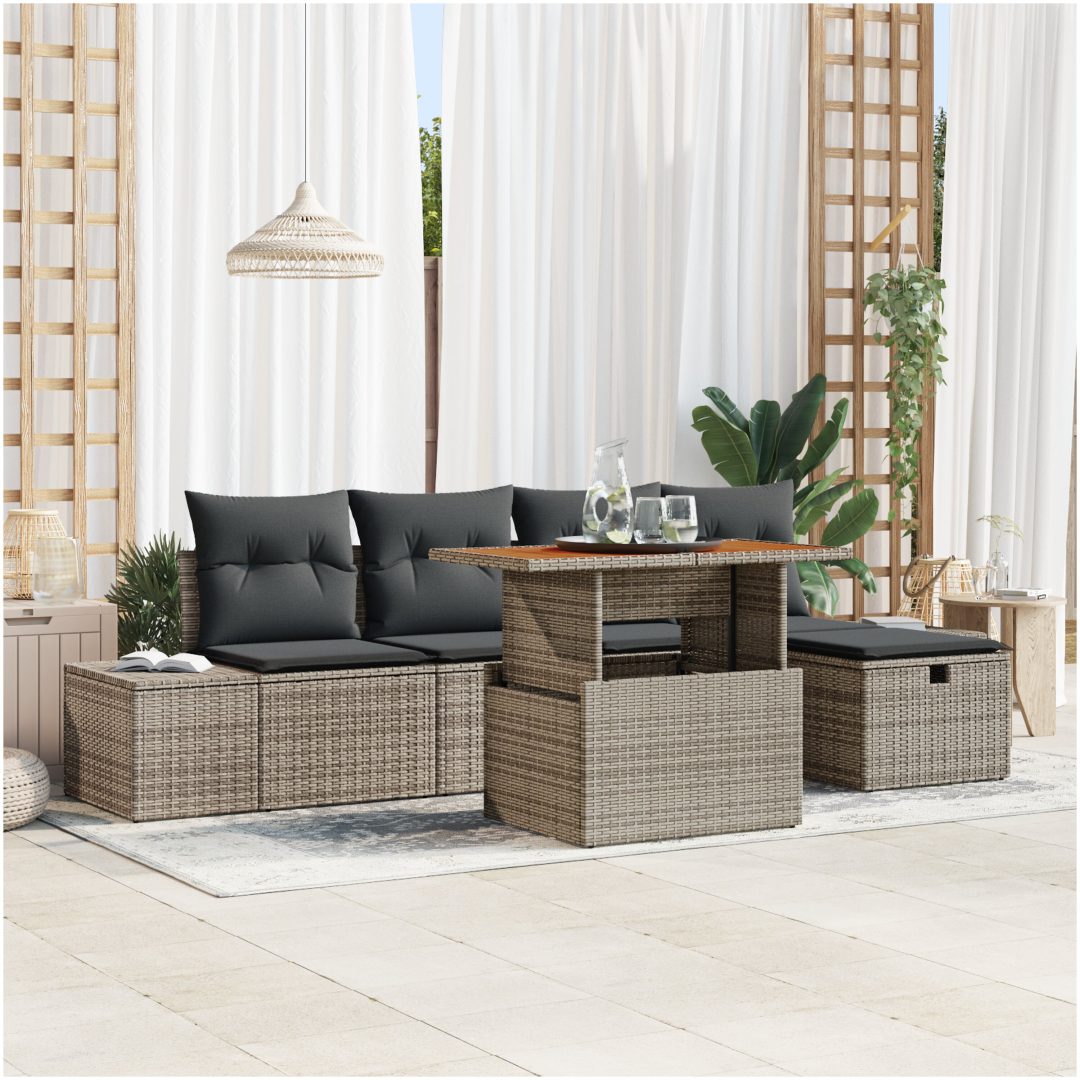 6-delat Trädgårdsofa Set med Kuddar Grå Poly Rottning vidaXL 55 x 55 x 37 cm