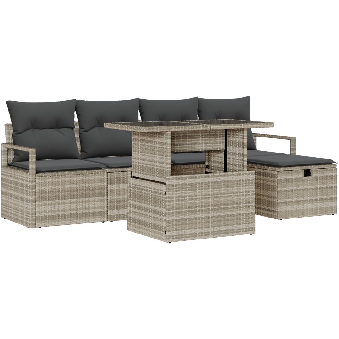 6 delat trädgårdsofa set med kuddar Ljusgrå Poly Rottning vidaXL Stor – bild 2