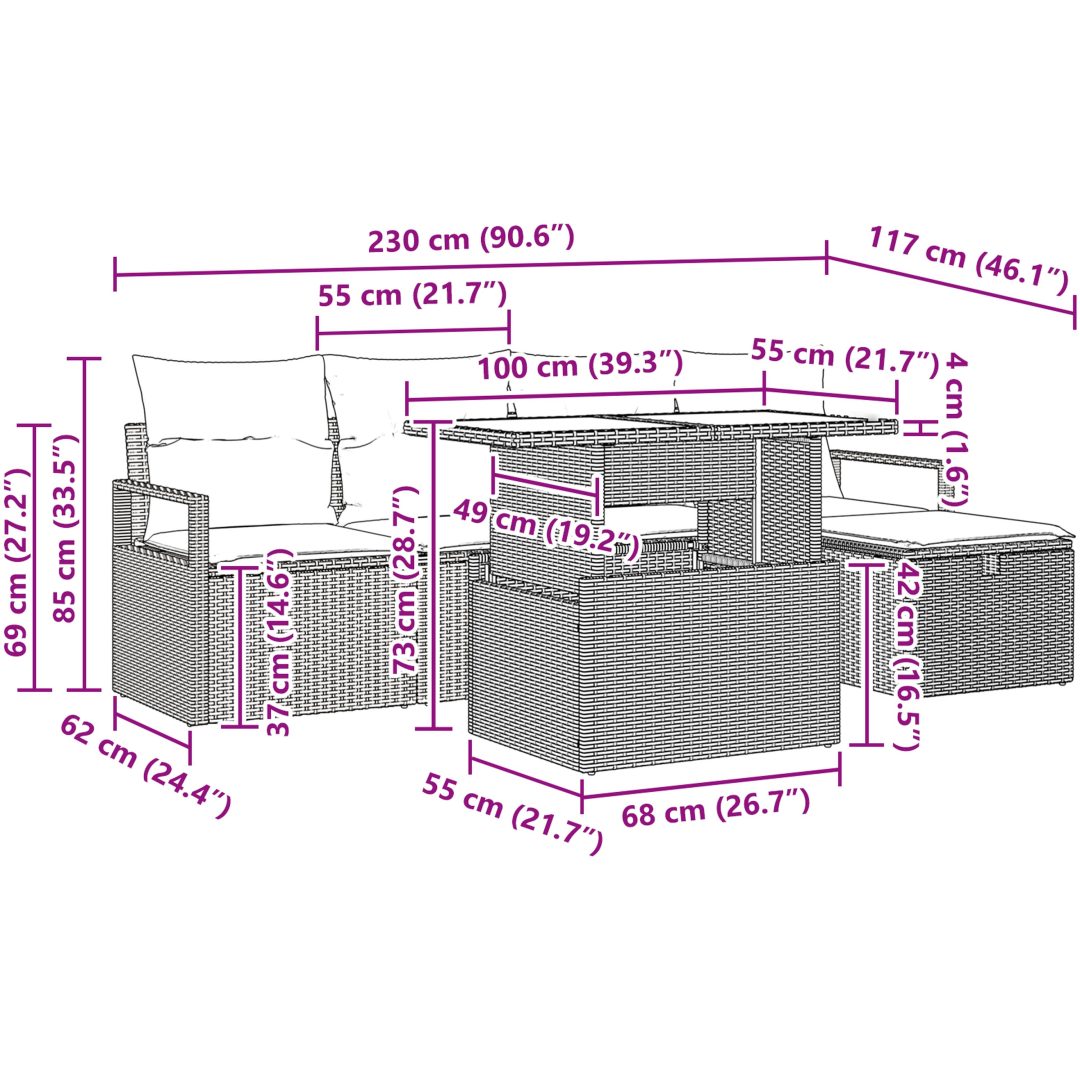 6 delat trädgårdsofa set med kuddar Ljusgrå Poly Rottning vidaXL Stor – bild 12