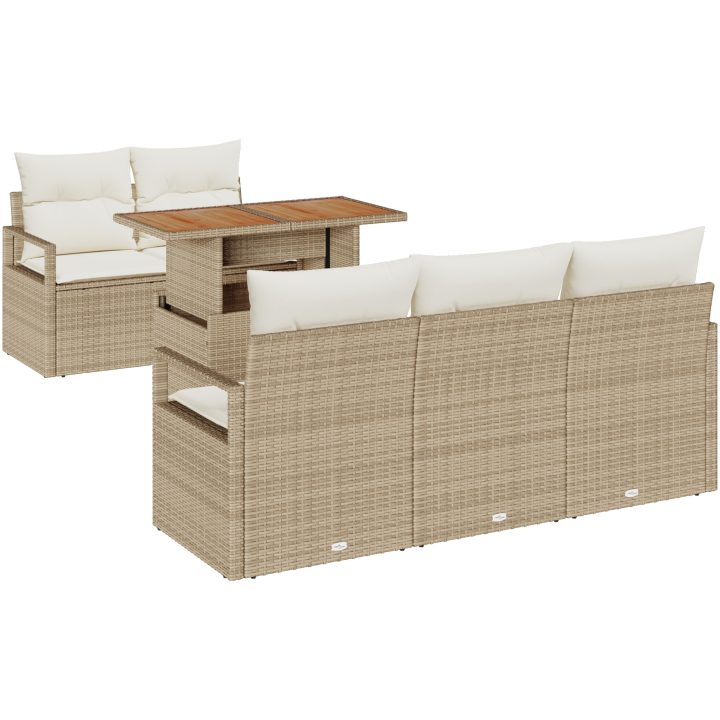 6-delat Trädgårdsoff Set med Kuddar Beige Poly Rattan Akacia vidaXL Standard – bild 2