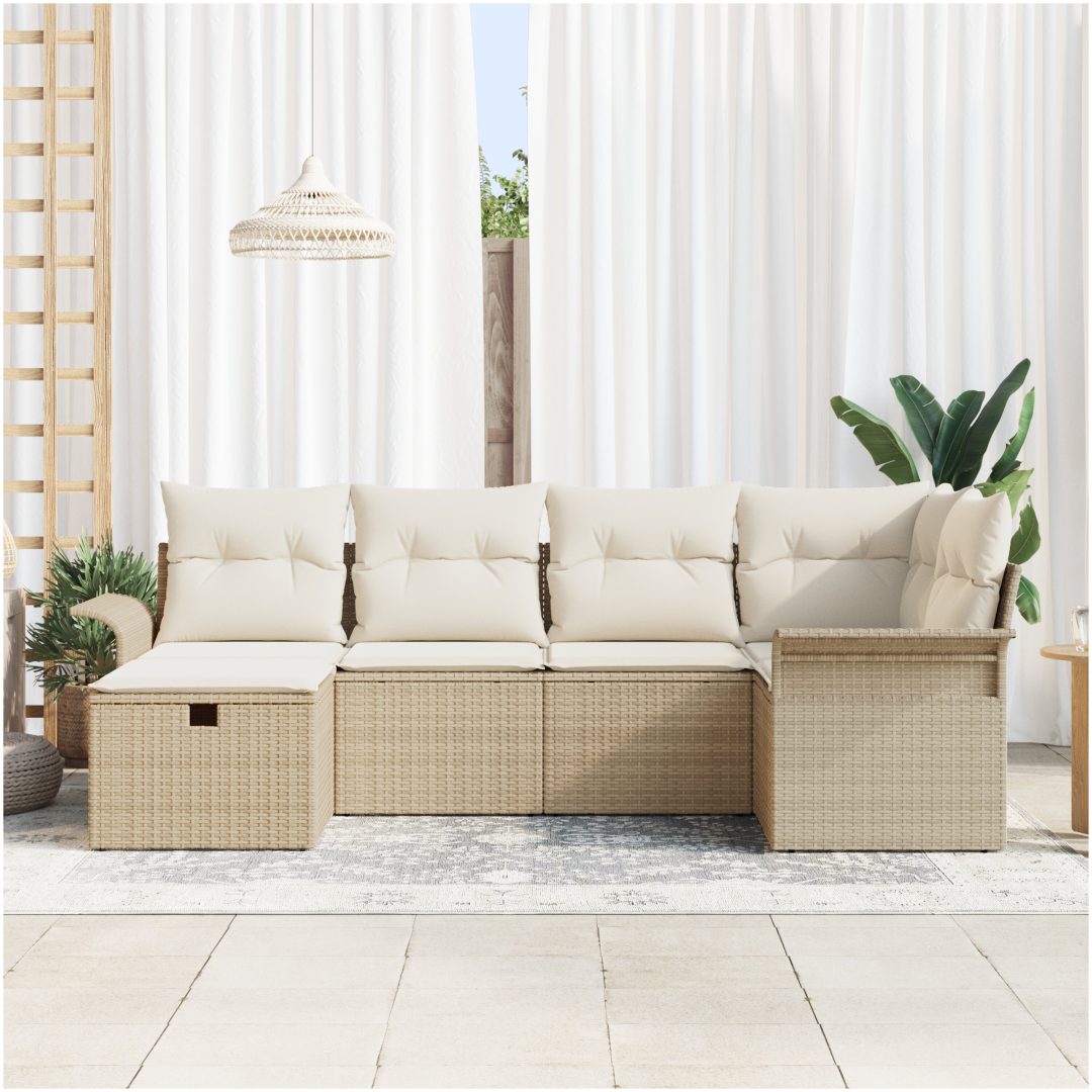 6-delat Trädgårdsoff set med kuddar Beige Poly Rattan vidaXL 242.5 x 132.5 x 85 cm – bild 3