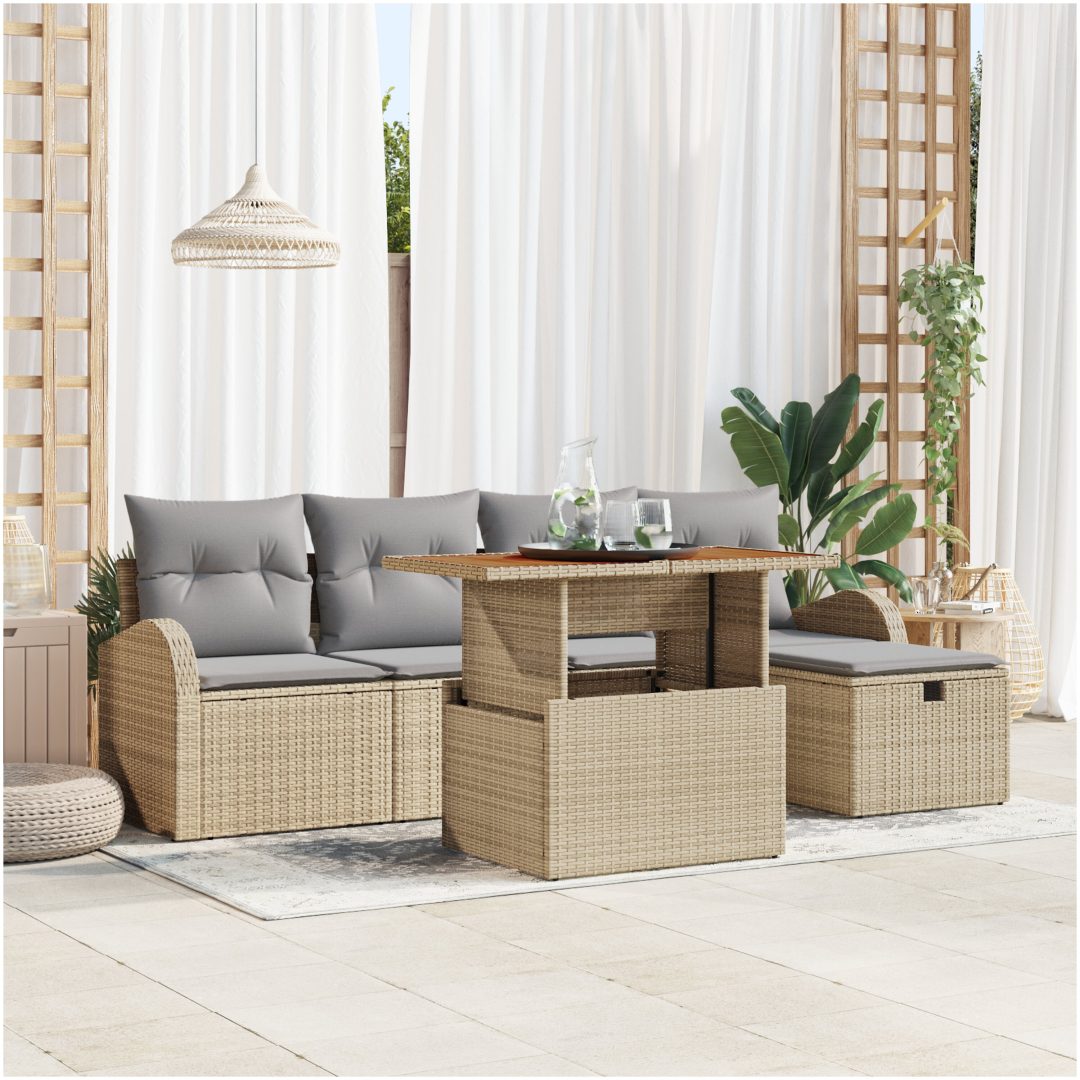 6-delat Trädgårdsoff-set med Kuddar Beige Poly Rattan vidaXL Stor