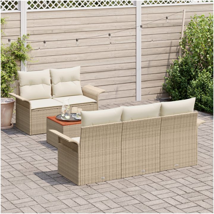 6-delat trädgårdsoff-set med kuddar Beige Poly Rottin Akacia vidaXL 55 x 55 x 37 cm – bild 3