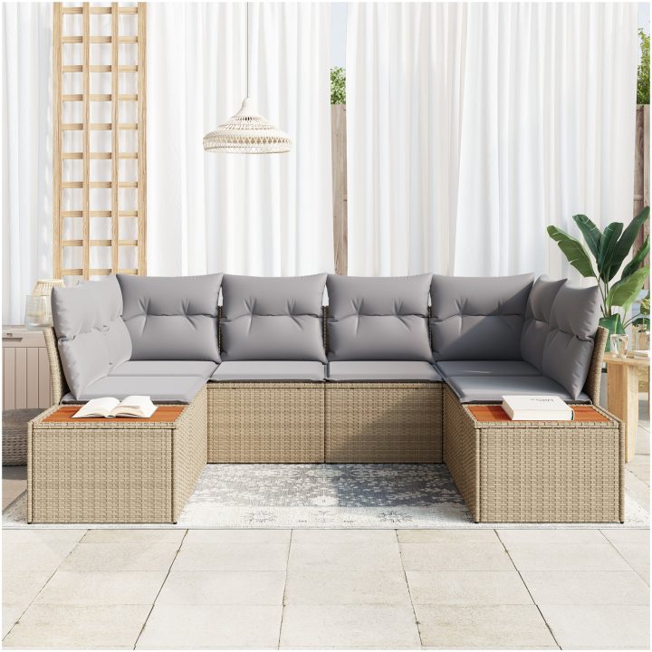 6-delat trädgårdsoff set med kuddar Beige Poly-Rotting Akacia vidaXL 234 x 154 x 69 cm – bild 3
