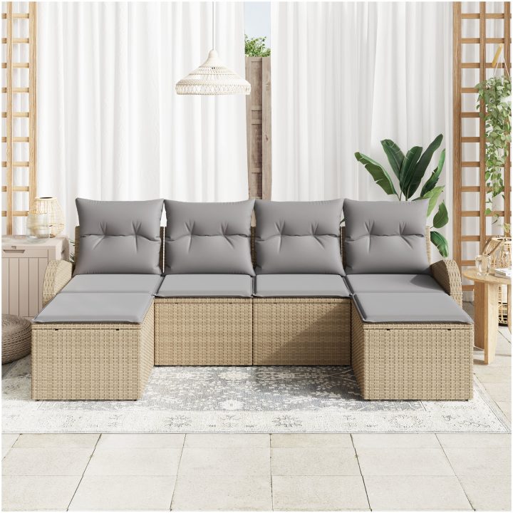 6-delat Trädgårdsoff-set med kuddar Beige Poly Rotting vidaXL Stor – bild 3