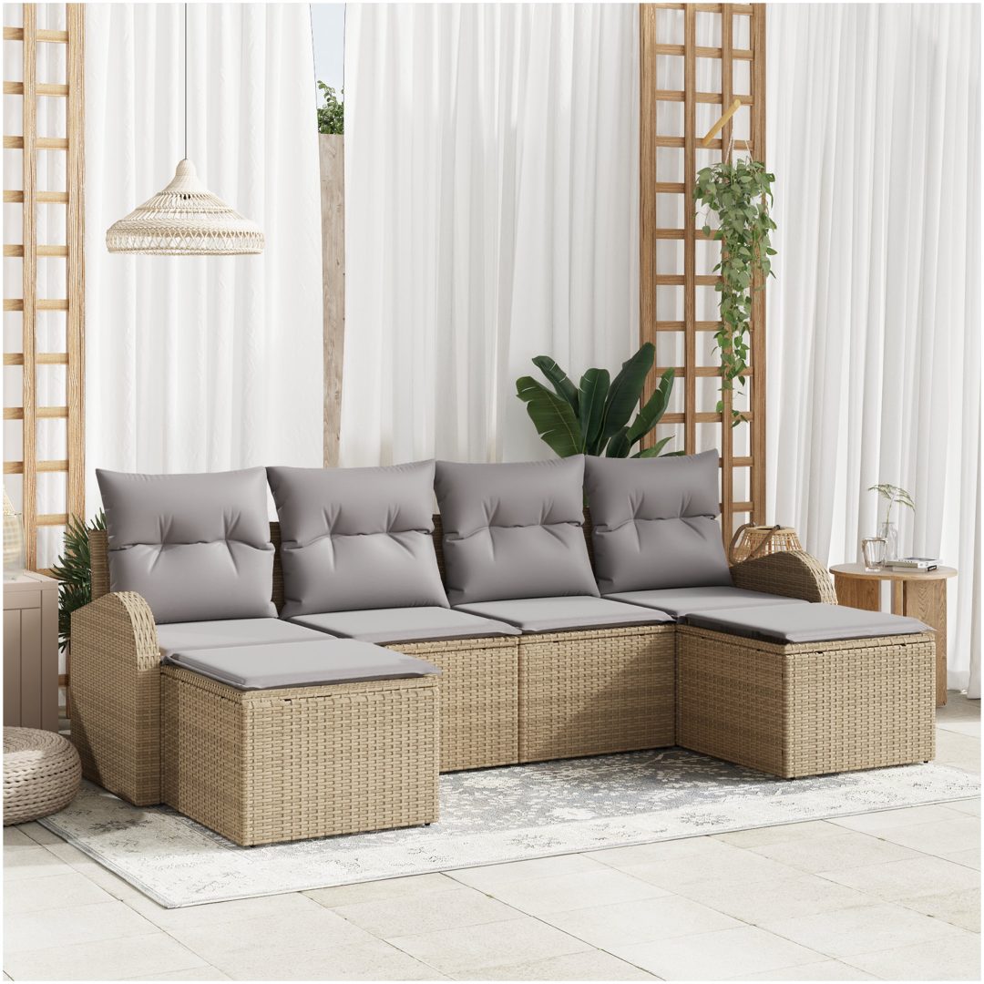 6-delat Trädgårdsoff-set med kuddar Beige Poly Rotting vidaXL Stor