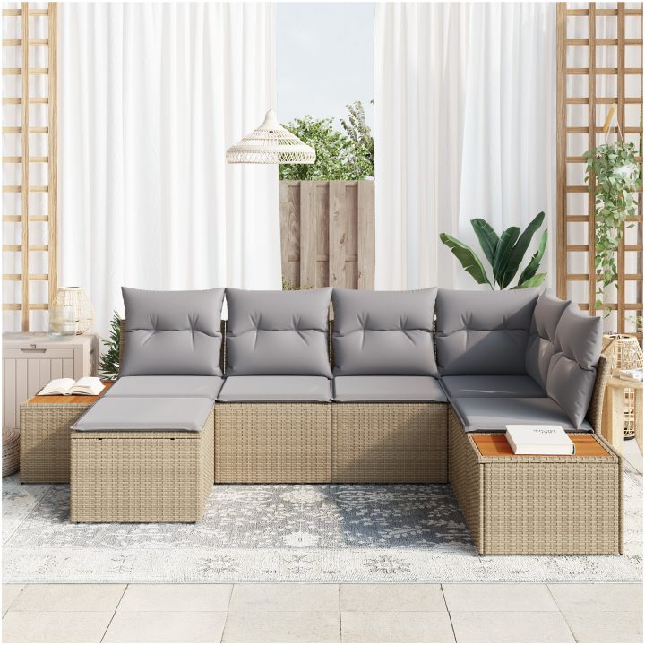 6-delat trädgårdsoff-set med Kuddar Beige Polyroting Acacia vidaXL 264 x 154 x 69 cm – bild 3