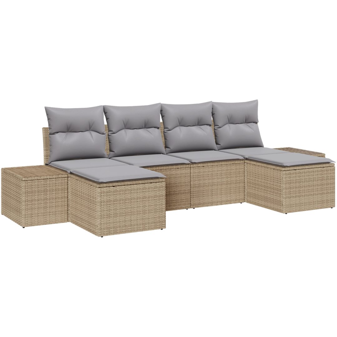 6-delat trädgårdsoff-set med kuddar Beige polyrotting vidaXL 294 x 117 x 69 cm – bild 2