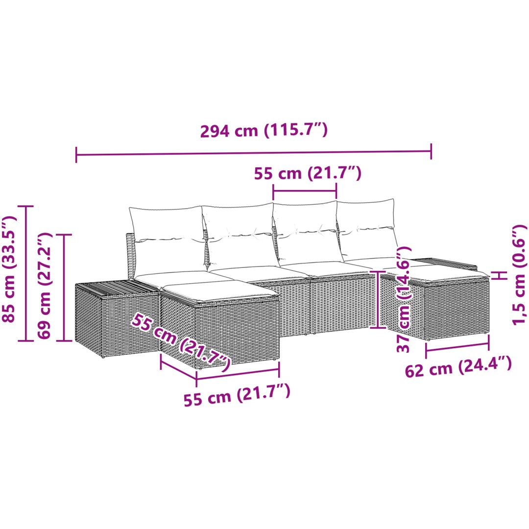6-delat trädgårdsoff-set med kuddar Beige polyrotting vidaXL 294 x 117 x 69 cm – bild 8