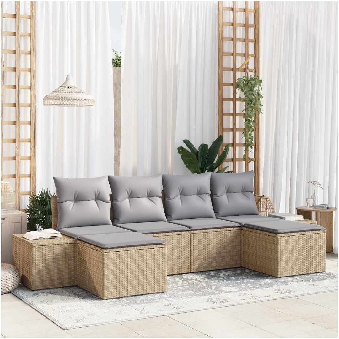 6-delat trädgårdsoff-set med kuddar Beige polyrotting vidaXL 294 x 117 x 69 cm