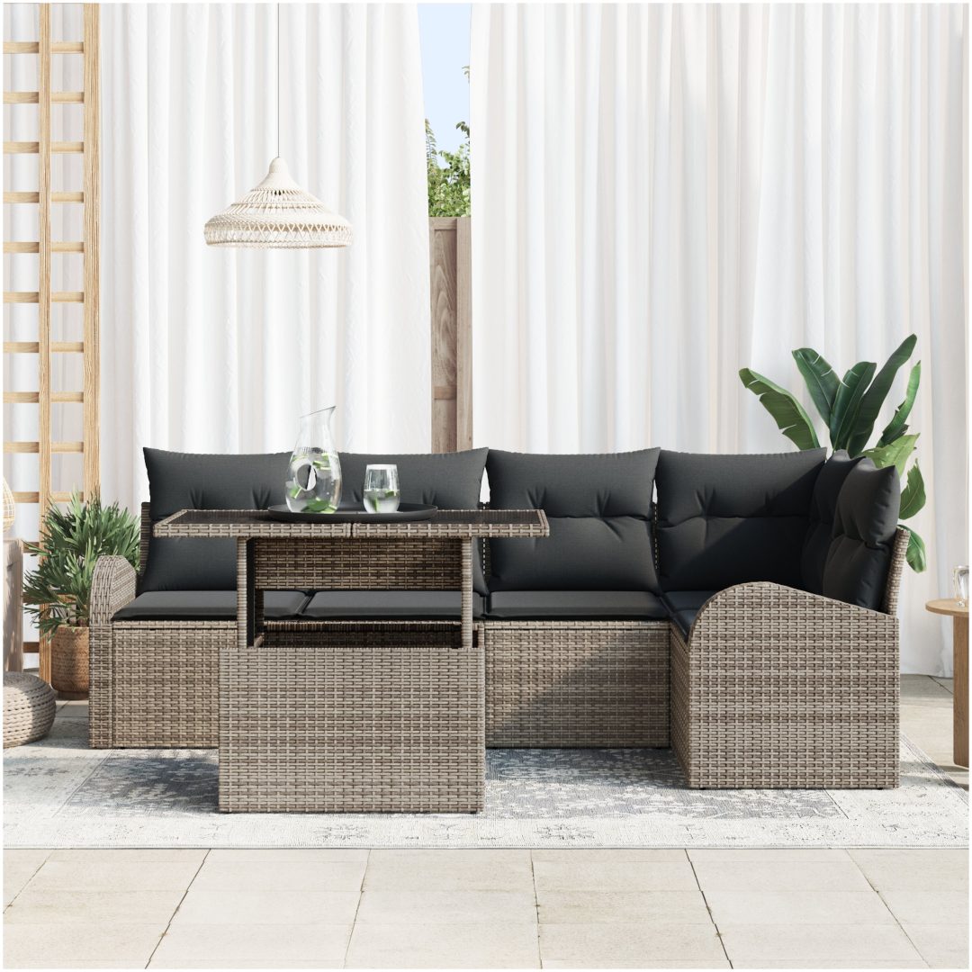 6-delat trädgårdsoff-set med kuddar grå poly rattan vidaXL Stor – bild 3