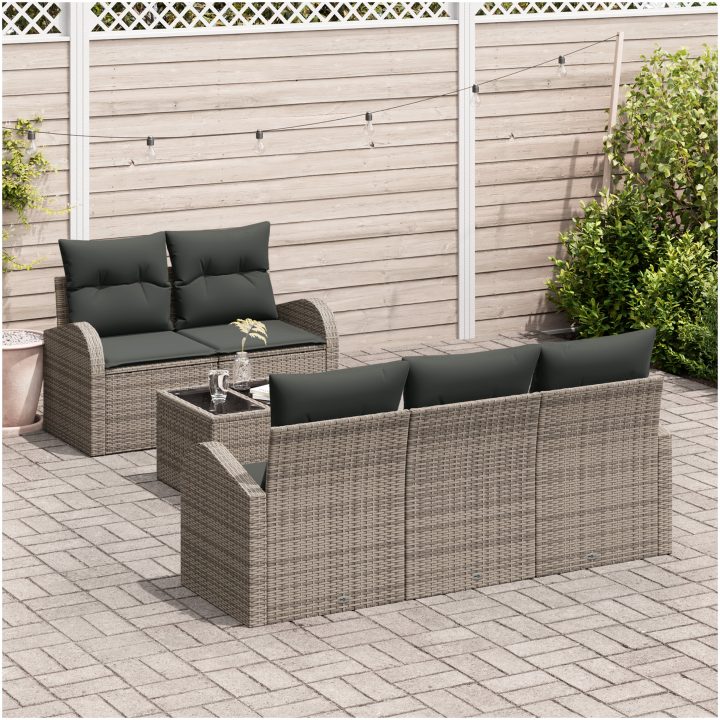 6-delat trädgårdsoff set med kuddar grå poly-rotting vidaXL 55 x 55 x 37 cm – bild 3