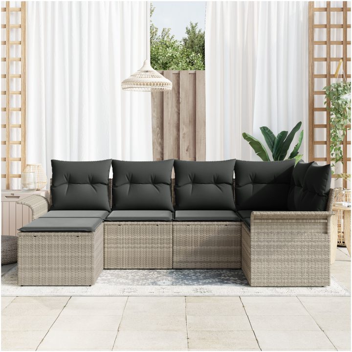 6-delat trädgårdsoff-set med kuddar i ljusgrå polyrotting vidaXL 242.5 x 132.5 x 85 cm – bild 3