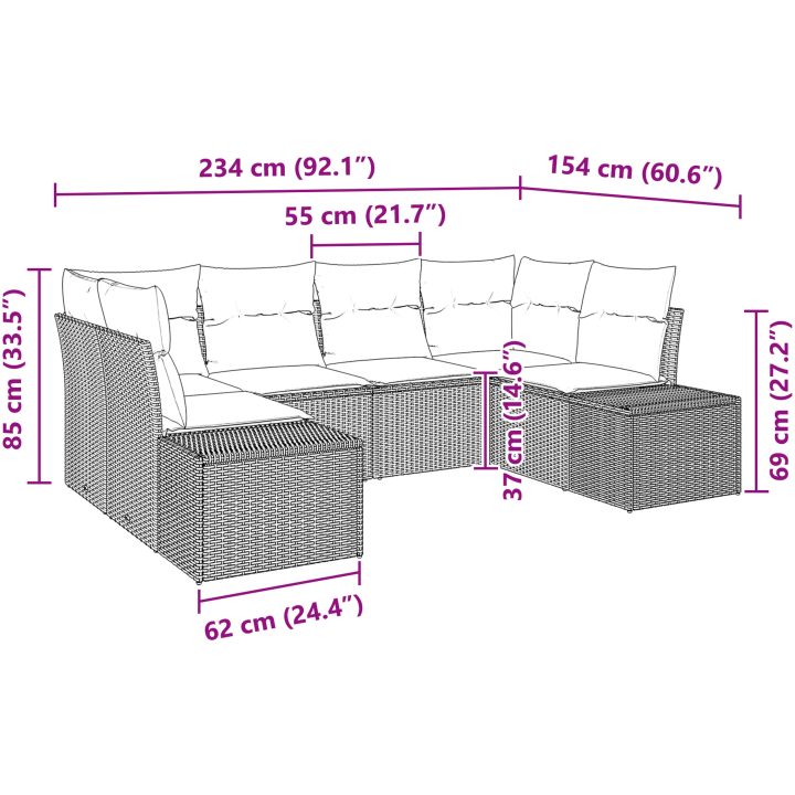 6-delat trädgårdsoff-set med kuddar Ljusgrå Poly Rattan vidaXL 234 x 154 x 85 cm – bild 12