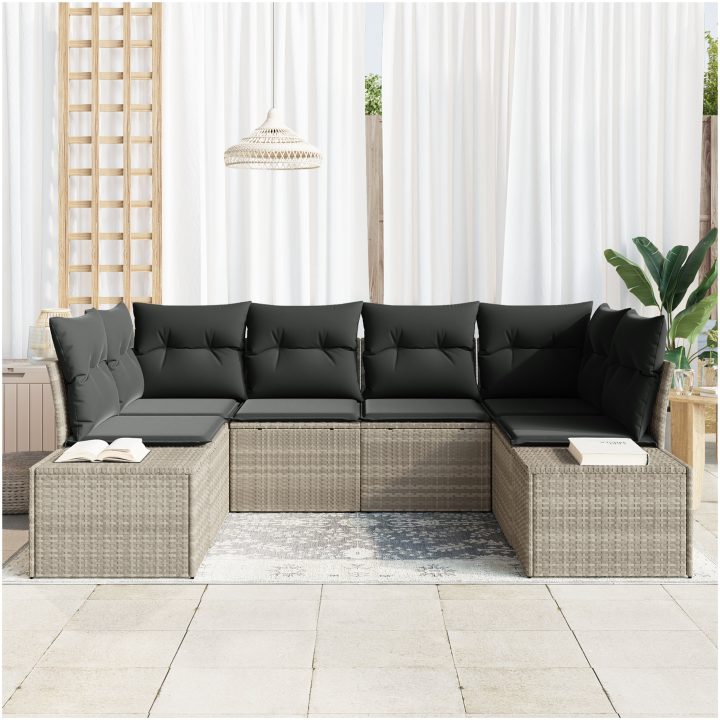 6-delat trädgårdsoff-set med kuddar Ljusgrå Poly Rattan vidaXL 234 x 154 x 85 cm – bild 3