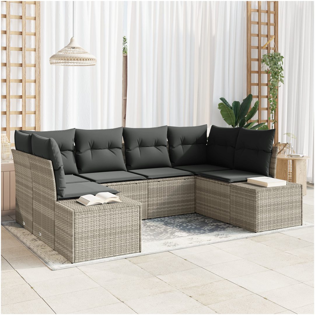 6-delat trädgårdsoff-set med kuddar Ljusgrå Poly Rattan vidaXL 234 x 154 x 85 cm
