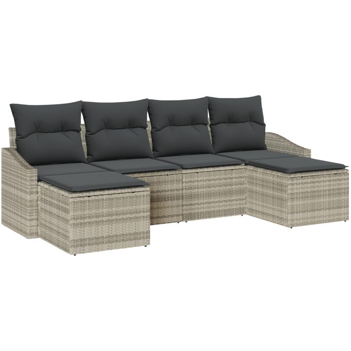 6-delat trädgårdsoff set med kuddar ljusgrå poly rotting vidaXL 233 x 117 x 85 cm – bild 2