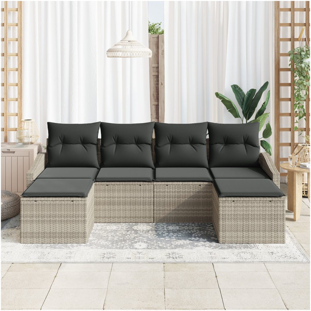 6-delat trädgårdsoff set med kuddar ljusgrå poly rotting vidaXL 233 x 117 x 85 cm – bild 3