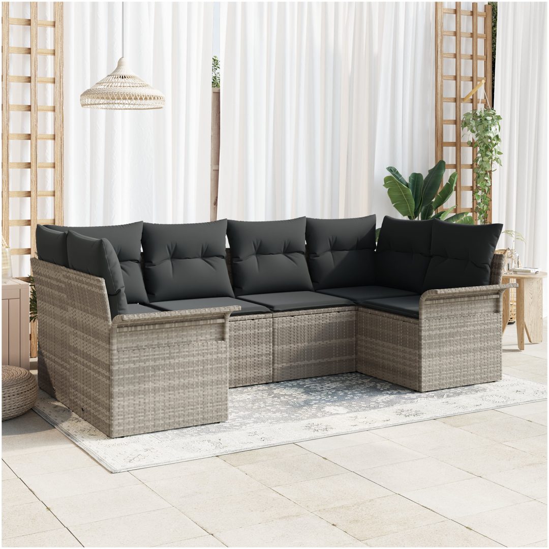 6-delat Trädgårdsoff-set med kuddar Ljusgrå Poly-Rotting vidaXL 234 x 132.5 x 85 cm