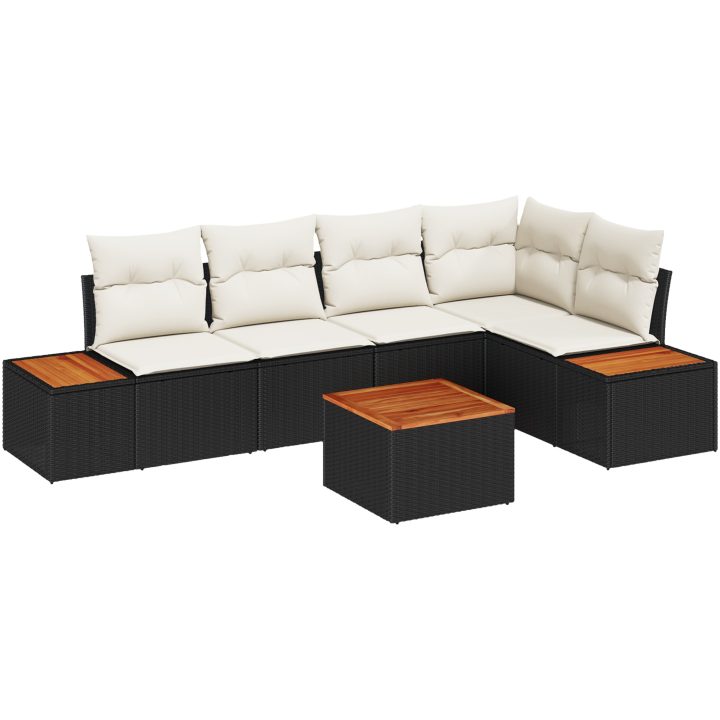 6-delat trädgårdsoff-set med kuddar svart poly rattan akacia vidaXL 55 x 55 x 37 cm – bild 2