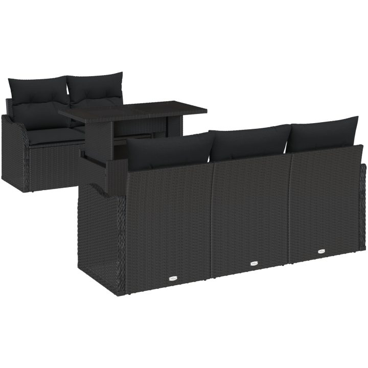 6-delat trädgårdsoff-set med kuddar svart poly-rotting vidaXL Medium – bild 2