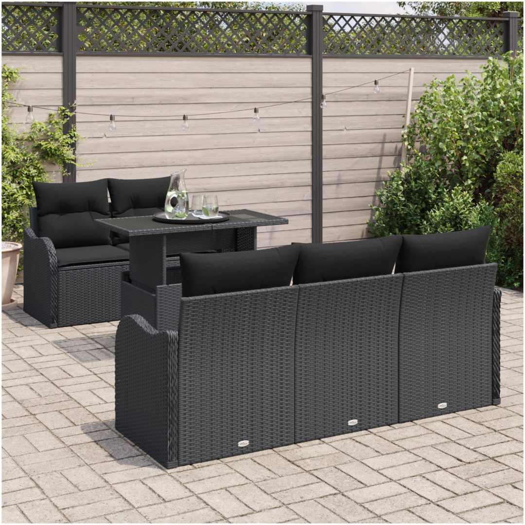 6-delat trädgårdsoff-set med kuddar svart poly-rotting vidaXL Medium – bild 3
