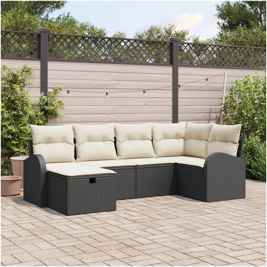 6-delat trädgårdsoff-set med kuddar svart polyrotting vidaXL 234 x 124 x 85 cm