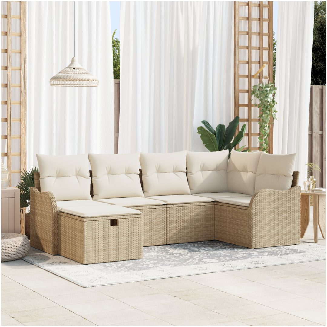 6-delat trädgårdsoffaförset med kuddar beige poly rattan vidaXL Stor